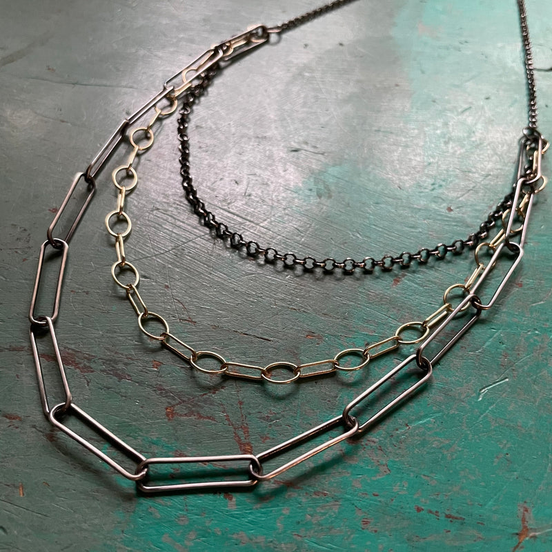 Triple Chain Necklace (with larger links in bottom silver chain vs. other styles)