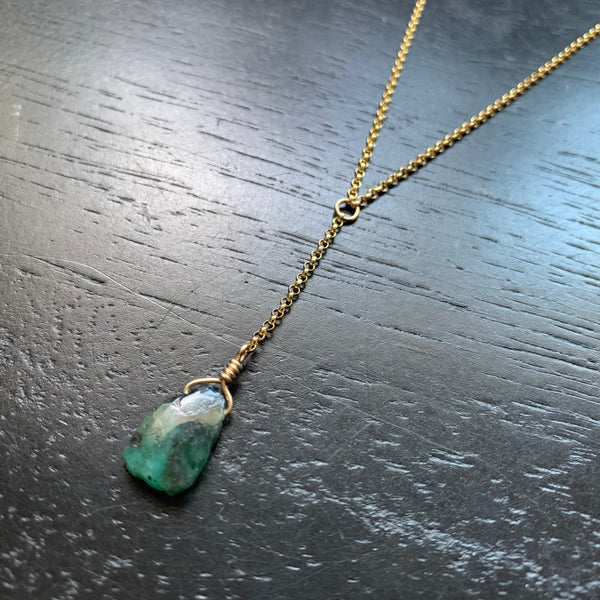 Gold Raw Emerald Y Necklace