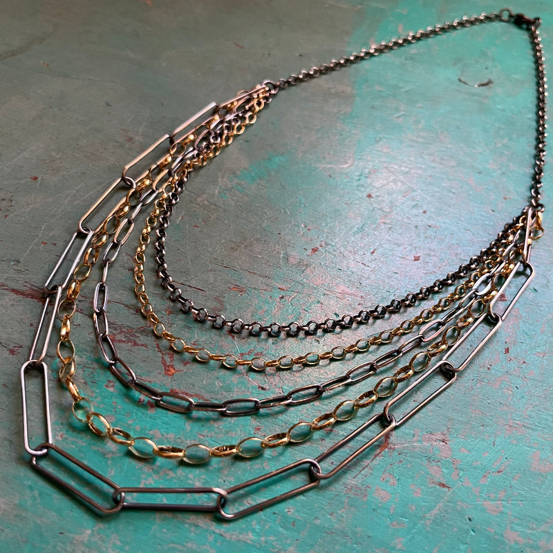 5 Chain Necklace: Brass, Sterling Silver and 14K Gold Chains
