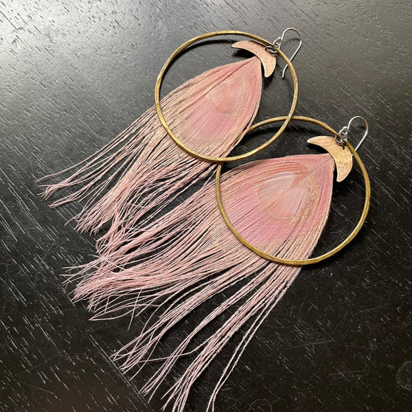HERA GODDESS Feather Earrings: Large Brass Hoops/Moons, Pink Peacock Feathers