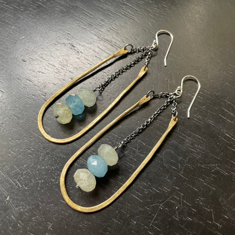 NEW! Medium Brass Hestia Earrings with Faceted BLUE-GRAY/GREEN AQUAMARINES!
