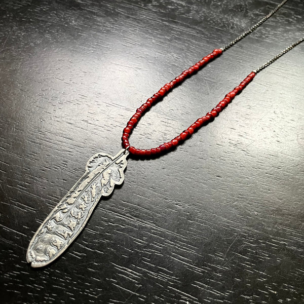 Silver Red-Tailed Hawk Feather Necklace with Red Venetian Glass Beads