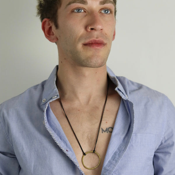 KAHN MAN: Thin Medium Hammered Brass Circle Pendant