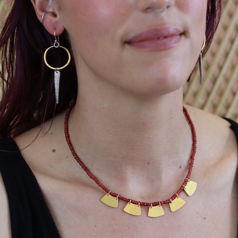 LAST FOR NOW! Goddess Necklace: 5 TINY Gold Blades on Vintage Red “White heart” Venetian glass beads, GOLD VERMEIL