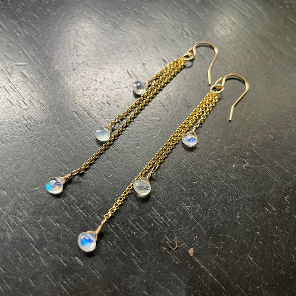 Moonstone Dew Drop Earrings with Gold chains, TINY moonstones