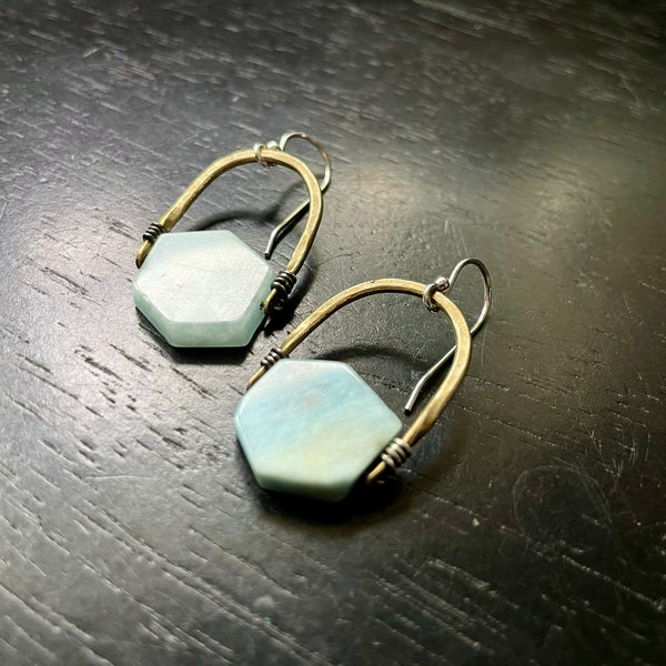 NEW! ONLY A FEW PAIRS AVAILABLE Blue-Gray AQUAMARINE Hexagons, Brass Bail EARRINGS