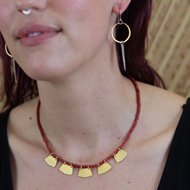 LAST FOR NOW! Goddess Necklace: 5 TINY Gold Blades on Vintage Red “White heart” Venetian glass beads, GOLD VERMEIL