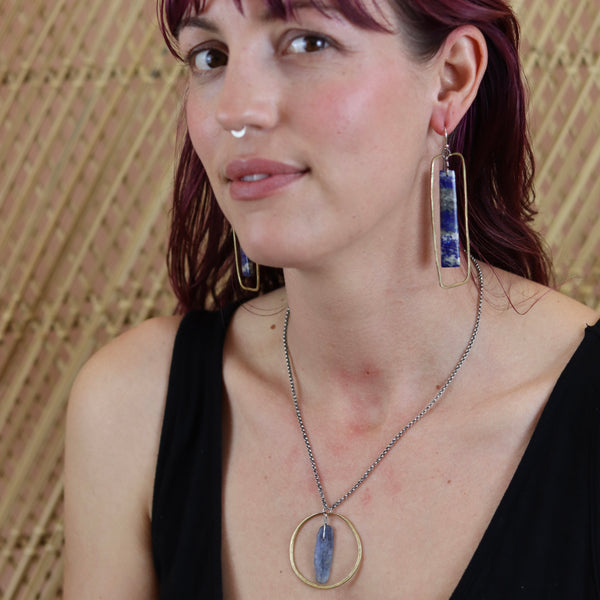 Kyanite Brass Hoop Necklace with 18" Sterling Silver chain