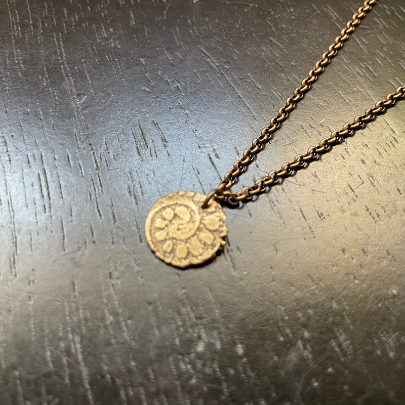 ORIJEN'S: TINY Brass TEXTURED SPIRAL Medallion NECKLACE