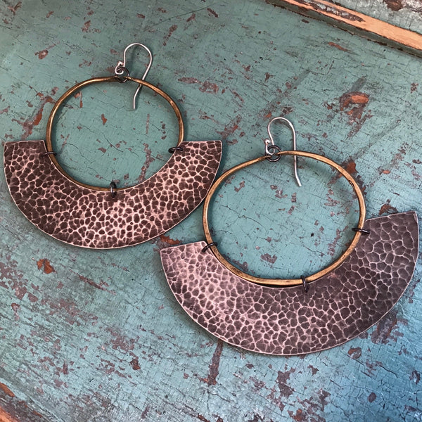 Mezzaluna Earrings - medium brass hoop, thick hammered silver blade
