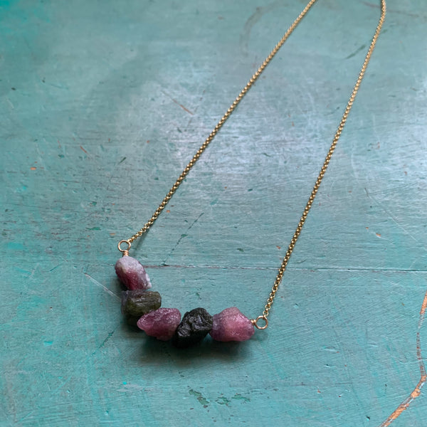 Raw Pink Tourmaline Cluster Gold Necklace