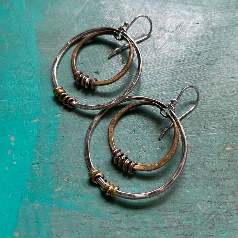 Small Double Hoop Earrings: SILVER OUTER HOOP, Brass Inner Hoop