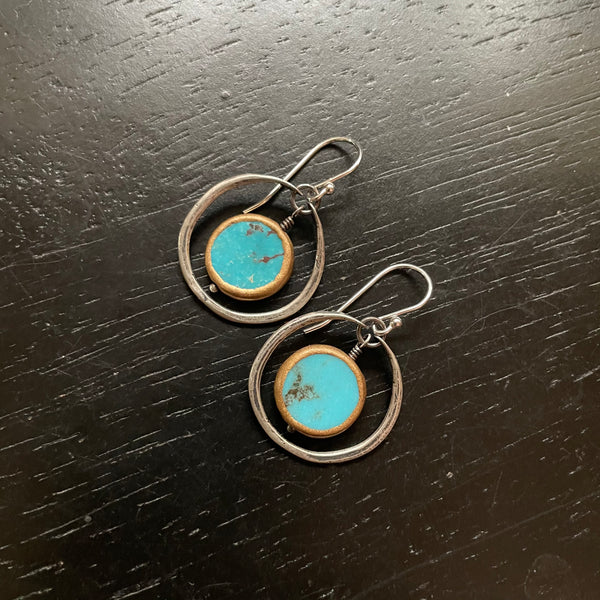 Turquoise Copper-Edged Stones in Sterling Silver Hoops