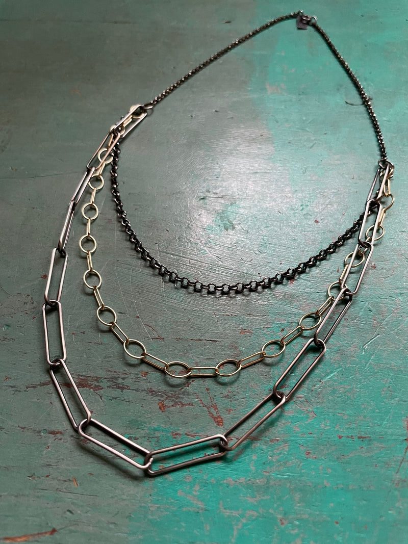 Triple Chain Necklace (with larger links in bottom silver chain vs. other styles)