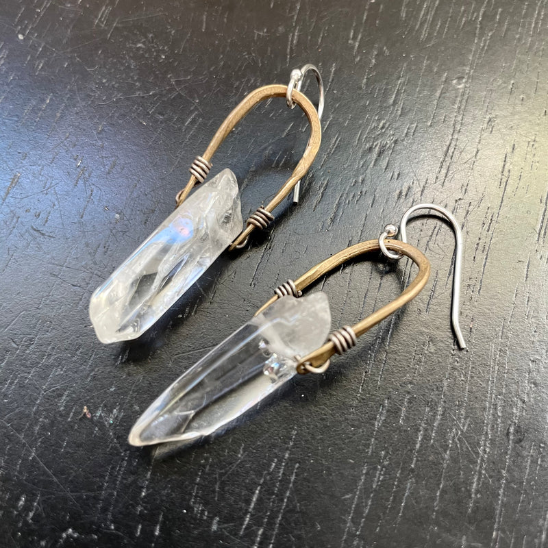 STANDARD Taliswoman Raw Quartz Earrings, Brass bails, Silver wire wrap