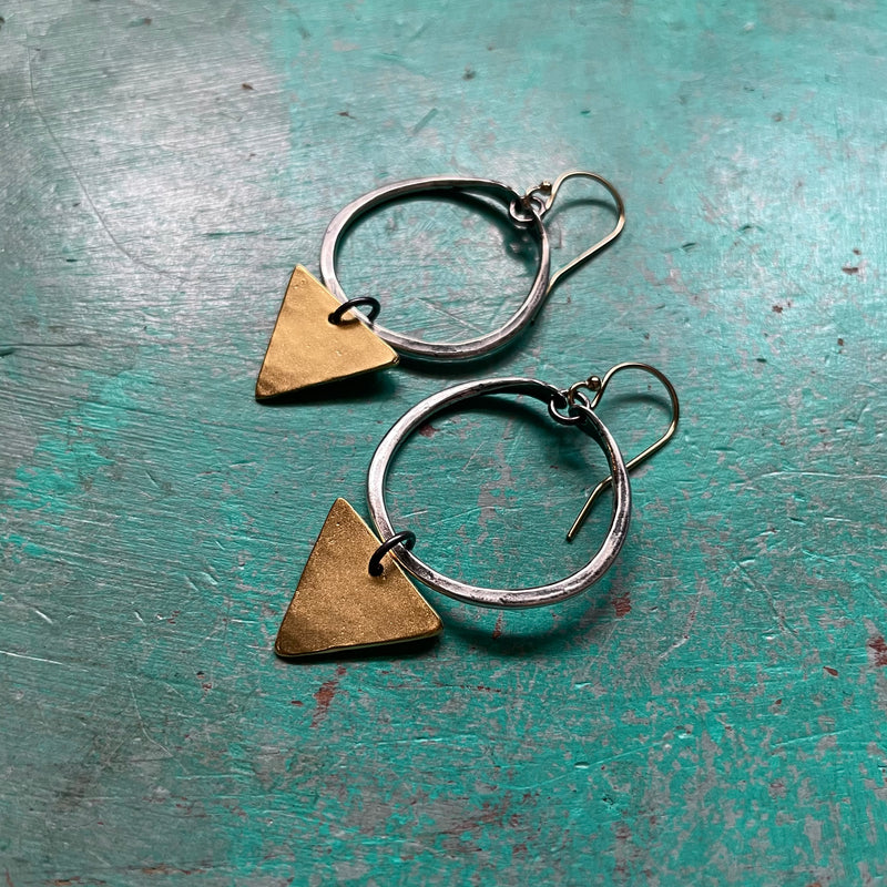Tiny Geometric Earrings: Tiny Silver Hoops, Brass Triangles