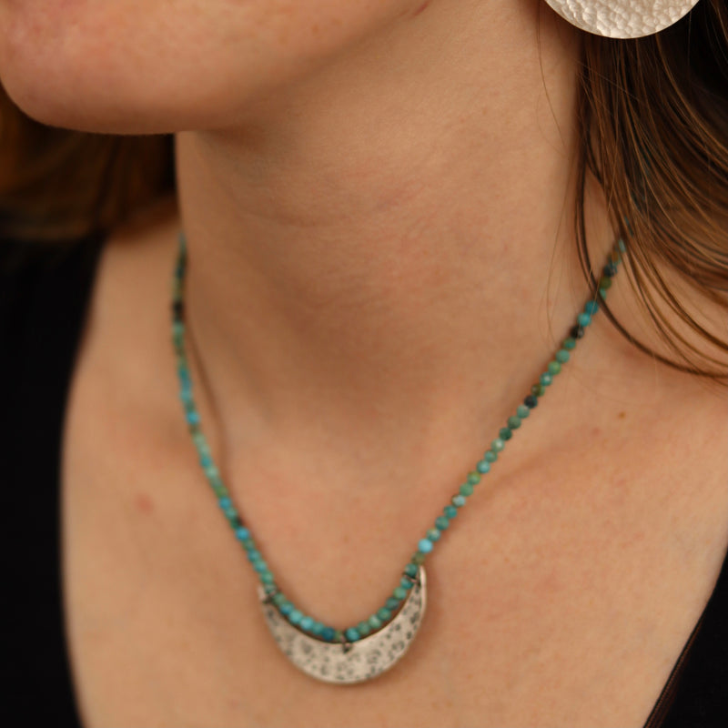 XL Silver Crescent Moon Necklace with Turquoise Beads