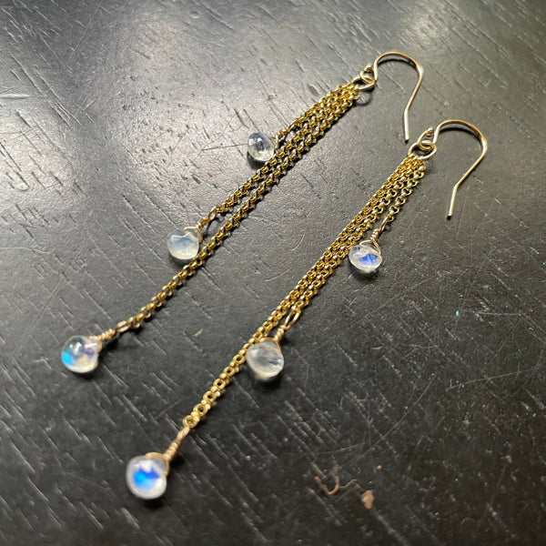 Moonstone Dew Drop Earrings with Gold chains, TINY moonstones