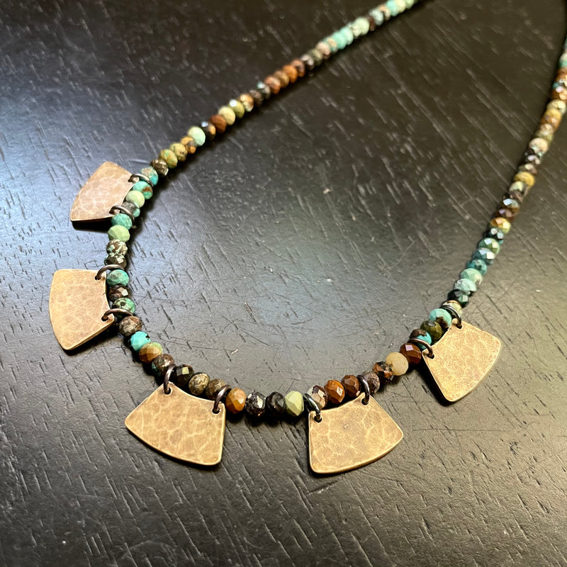TINY BRASS 5 Blades with Faceted "Dragon Skin" Turquoise necklace