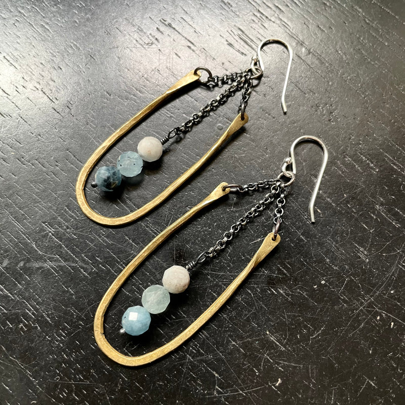 NEW! Small Brass Hestia Earrings with Faceted BLUE-GRAY/GREEN AQUAMARINES!