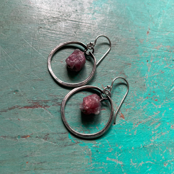 Tiny Silver Hoops with Tourmaline
