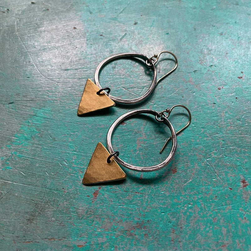 Tiny Geometric Earrings: Tiny Silver Hoops, Brass Triangles