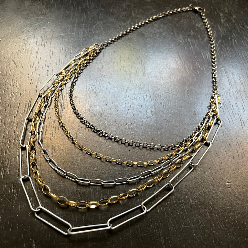 5 Chain Necklace: Brass, Sterling Silver and 14K Gold Chains