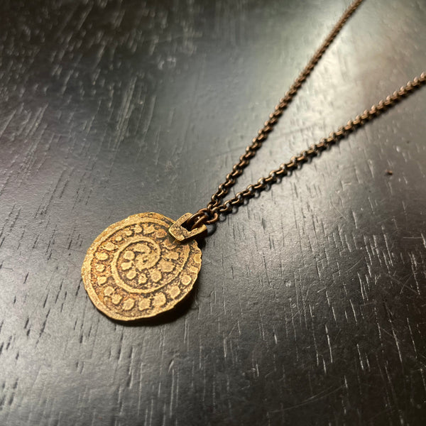 ORIJEN'S: BRASS SPIRAL + WEAVE REVERSIBLE CIRCLE Medallion on Oxidized Brass Necklace