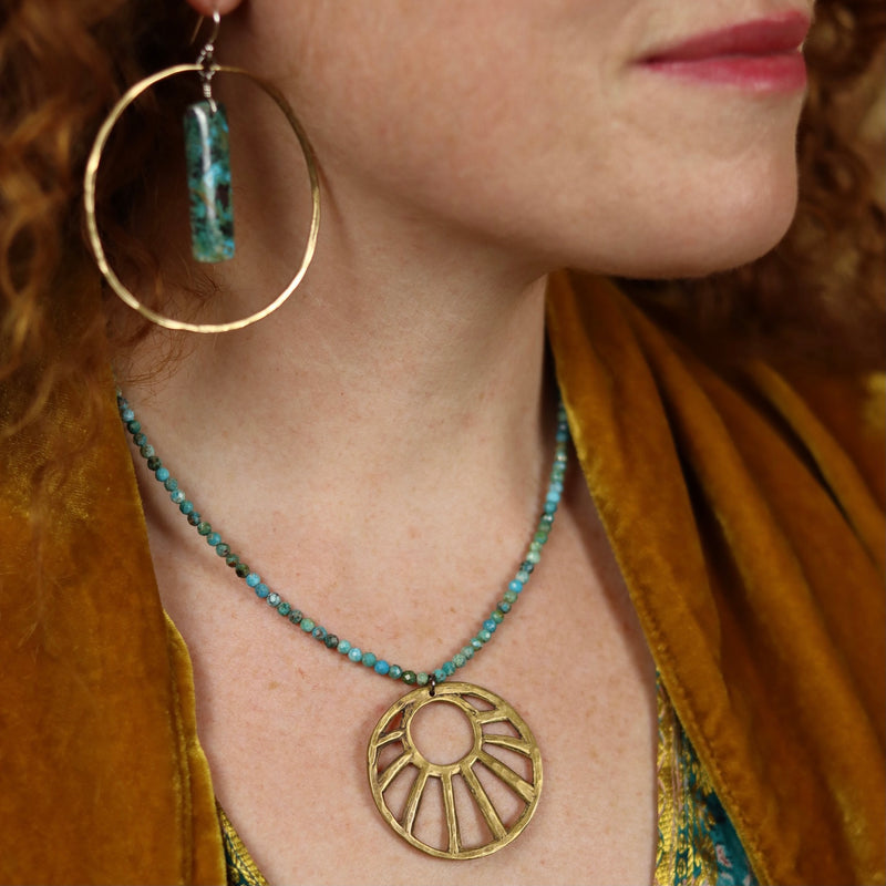 XL BRASS "OPEN" SUN PENDANT with Turquoise beads NECKLACE