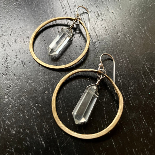Faceted Quartz Earrings in Small Brass Hoops